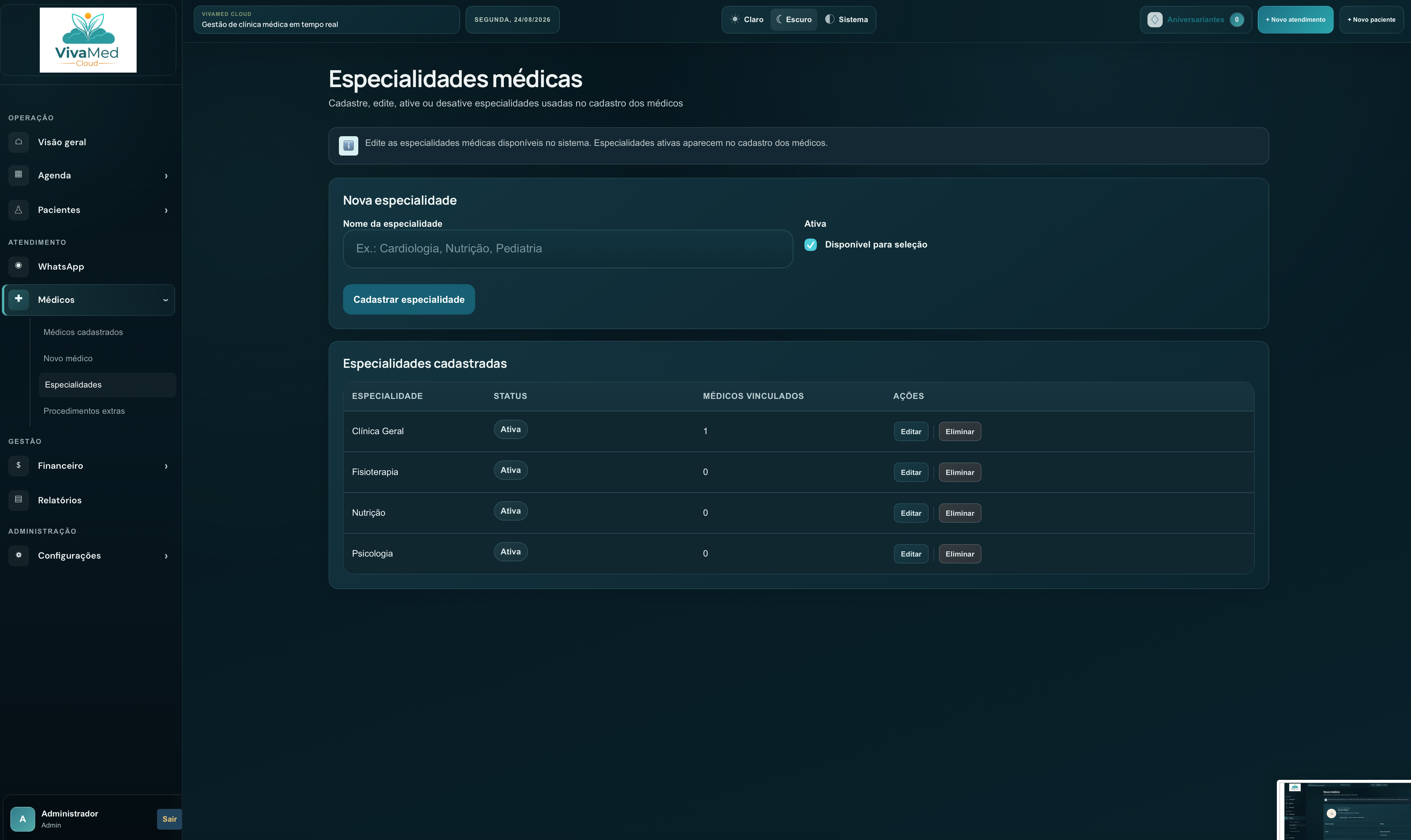 Gestão de especialidades e médicos