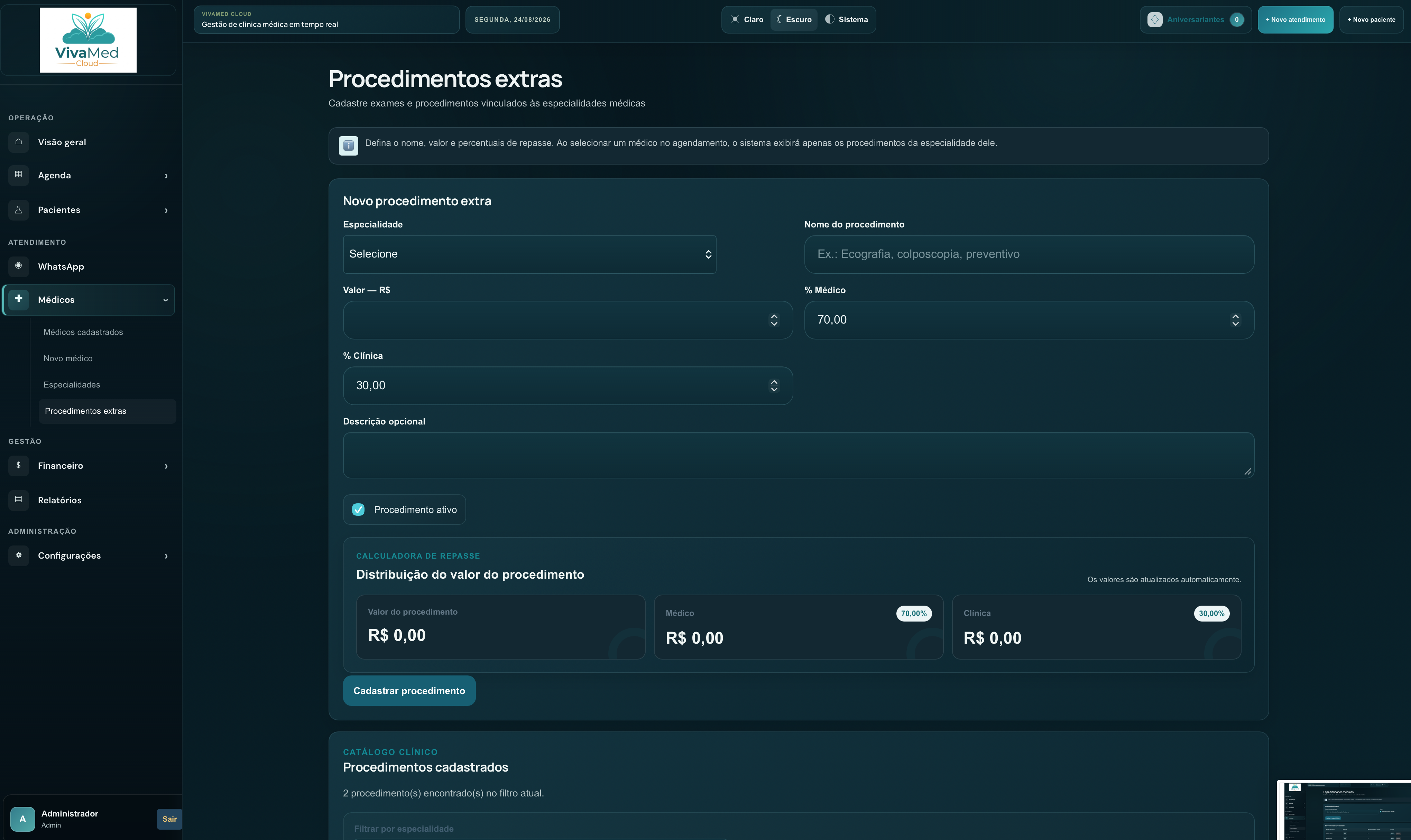 Cálculo de repasses e procedimentos extras